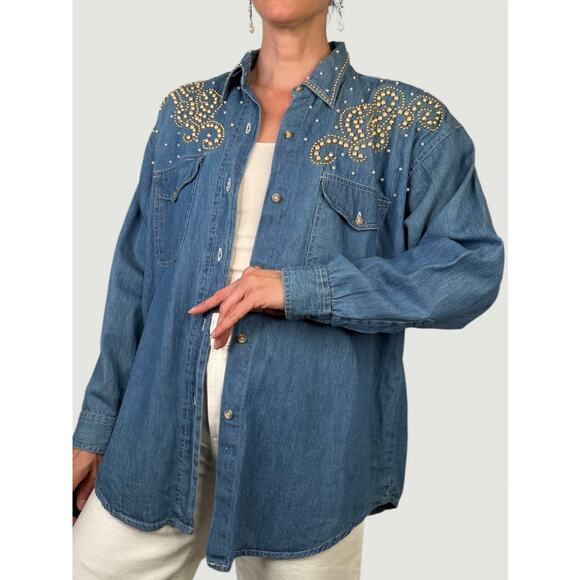 Vintage pearl studded denim button-down shirt blouse Clodia Dee cache 80s 90s L - Picture 1 of 14